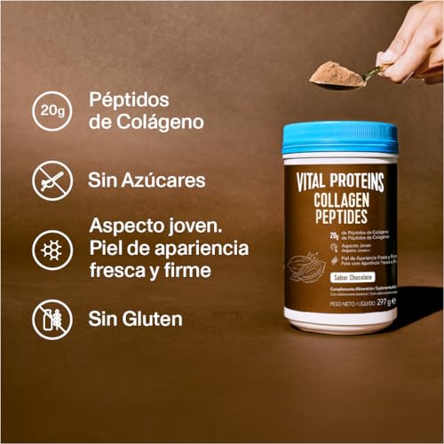 Vital Proteins Péptidos de Colágeno, complemento alimenticio en polvo, colágeno hidrolizado (Tipo I, III), sabor cacao, para la piel, cabello, uñas, sin gluten, 20 g de colágeno por dosis, 297g