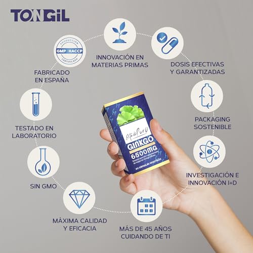 Ginkgo Biloba Estado Puro 6500mg | Extracto Estandarizado y Máxima Concentración | 24% de Flavonoides y 6% de Terpenos | Memoria y Concentración + Circulación | 40 Cápsulas de Tongil