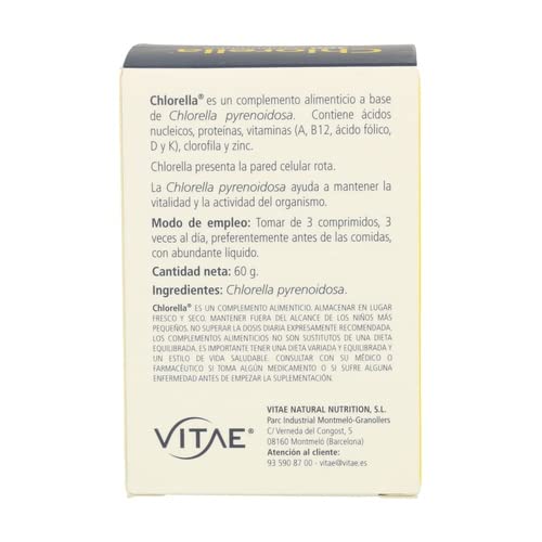 Vitae Chlorella 300 comprimiods | Complemento alimenticio a base de alga de Chlorella | Vitalidad y energía | Detox | Eliminar toxinas