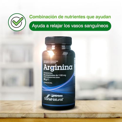 Soria Natural - vit&min Arginina – Ayuda a relajar los Vasos Sanguíneos - Apoya el Aumento del Tamaño Muscular, la Resistencia Física y Favorece la Circulación sanguínea. - 90 comprimidos de 1100 mg