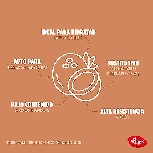 El Granero Integral - Aceite de Coco Virgen BIO - Nutritivo y Saludable - Favorece la Salud Cardiovascular - Para Cocinar - Apto para Veganos