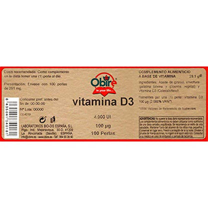 Obire | Vitamina D3 100 mcg. (4000 U.I) | Contribuye a la Absorción de Calcio y Fósforo | Favorece el Funcionamiento de las Defensas | 100 Perlas