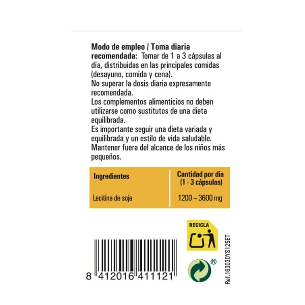 Lecitina de Soja IP 1.200 mg – 125 cápsulas blandas | No transgénica | Con fosfolípidos, colina e inositol | Ynsadiet | Apoya colesterol y memoria
