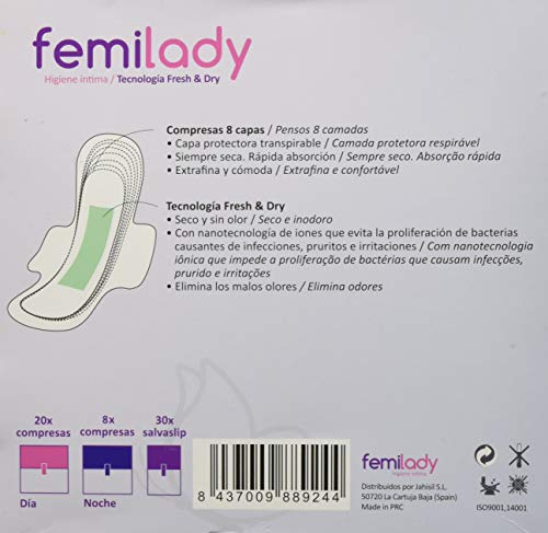 Femilady Pack 20 Compresas D–A, 8 Noche Y 30 Salvaslip Femi 100 ml