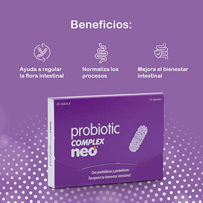 NEO | Probiotic Complex | 15 Cápsulas | Con Microgránulos a Base de Probióticos y Prebióticos | Mejora las Funciones Digestivas | Ayuda al Bienestar Intestinal