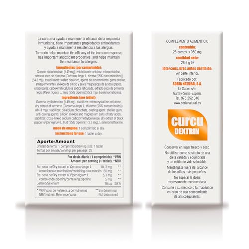 Soria Natural CurcuDextrin - Extracto de Cúrcuma Dextrinada y Pimienta Negra, Máxima Absorción - Sistema immune, Antiinflamatorio Natural, Síndrome Premenstrual - 28 comprimidos