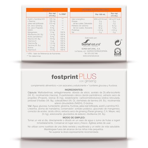 Soria Natural Fostprint Plus con Ginseng - Vitaminas para el Cansancio y la Memoria - Jalea Real, Vitaminas Grupo B, Biotina, Vitamina E, Vitamina D, L Carnitina y Propóleo Puro - 20 Viales con 15ml