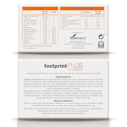 Soria Natural Fostprint Plus con Ginseng - Vitaminas para el Cansancio y la Memoria - Jalea Real, Vitaminas Grupo B, Biotina, Vitamina E, Vitamina D, L Carnitina y Propóleo Puro - 20 Viales con 15ml