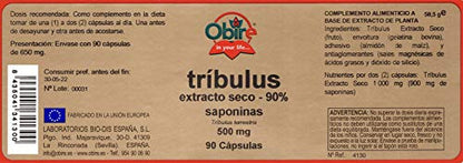 Obire | Tríbulus 500 mg | Complemento Alimenticio a Base de Planta Natural | Favorece la Producción de Masa Muscular | 90% saponinas | 90 Cápsulas