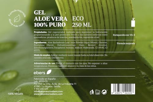 Ebers Aloe Vera Gel 100% Puro 250 Ml con dosificador - Excelente hidratante Rostro y Cuerpo, Aftersun, Depilación y Quemaduras.