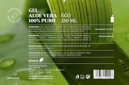 Ebers Aloe Vera Gel 100% Puro 250 Ml con dosificador - Excelente hidratante Rostro y Cuerpo, Aftersun, Depilación y Quemaduras.