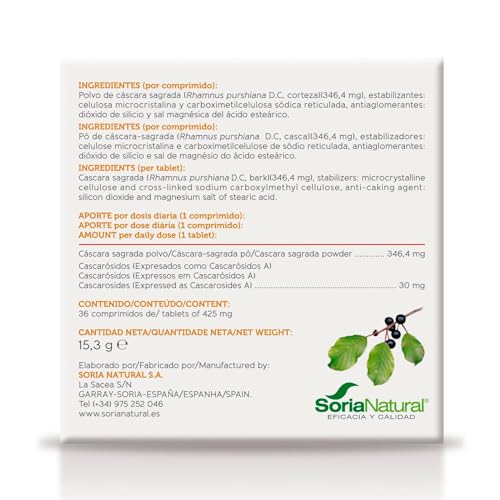 Soria Natural Cáscara Sagrada Comprimidos – Favorece la Salud Intestinal - Acción Laxante Natural – Ayuda a la Función Digestiva y a la Regulación del Estreñimiento - 36 comprimidos de 425 mg.