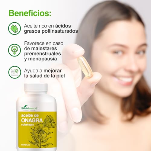 Soria Natural Aceite de Onagra 500 perlas– Colestagra – Cuidado de la Piel - Ayuda en Caso de Malestares Menstruales, Premenstruales y Menopausia – Salud Femenina