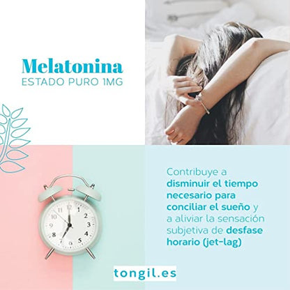 Melatonina Pura 1 mg Estado Puro | Ayuda a Conciliar el Sueño | Alivia el Desfase Horario Jet-lag | Suministro para 6 meses (180 Comprimidos) | Apto para Veganos, Sin Lactosa, Sin Gluten | TONGIL