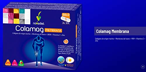 Novadiet - COLAMAG MEMBRANA con Colágeno Marino, Membrana de Huevo, Vitamina C y Zinc - Fortalece Articulaciones y Huesos, Regenera el Cartílago y Alivia el dolor, Cuidado del Bienestar - 30 cápsulas
