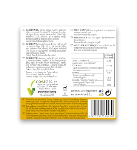 Novadiet – Curcurina - Cápsulas con Cúrcuma, Pimienta Negra, Jengibre, Para Huesos, Músculos y Articulaciones, Disminuye la Inflamación, Alivia y Reduce el Dolor - 30 Cápsulas