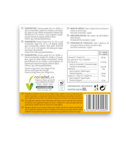 Novadiet – Curcurina - Cápsulas con Cúrcuma, Pimienta Negra, Jengibre, Para Huesos, Músculos y Articulaciones, Disminuye la Inflamación, Alivia y Reduce el Dolor - 30 Cápsulas