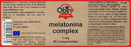 Obire | Melatonina Complex 1 mg | 60 Comprimidos | Ayuda para Dormir Bien | Efecto Relajante | Con Pasiflora, Amapola Californiana, Melisa, Tila y Valeriana