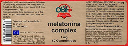 Obire | Melatonina Complex 1 mg | 60 Comprimidos | Ayuda para Dormir Bien | Efecto Relajante | Con Pasiflora, Amapola Californiana, Melisa, Tila y Valeriana