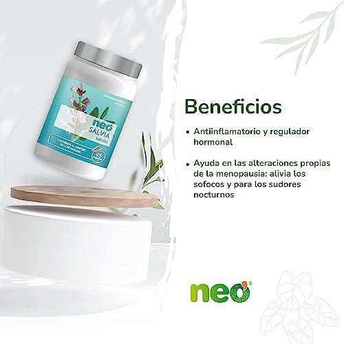 NEO | Extracto Seco de Hojas de Salvia | 45 Cápsulas | 200 mg | Ayuda a Mejorar los Síntomas de la Menopausia | Suplemento Alimenticio Natural con Ácido Rosmarínico
