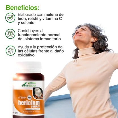 Soria Natural - vit&min 40 Hericium Complex – Melena de León - para sistema nervioso, cardiovascular y hepático - 60 comprimidos de 1000 mg