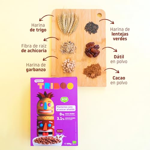 Smileat TRIBOO | Cereales Ecológicos e Integrales para Niños | Sabor a Cacao | Hechos con Ingredientes 100% Naturales | Sano y Saludable | Merienda Sana | 300g