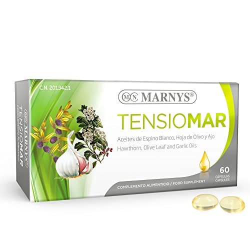 Tensiomar MARNYS, Para la tensión arterial, Favorece la Normal Función del Corazón, Cápsulas de Aceite de Espino Blanco, Olivo y Ajo, 60 Cápsulas