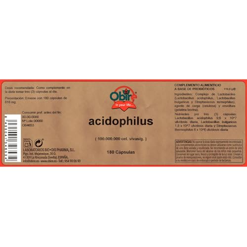 Obire | Acidofilus 400 mg | Lactobacillus Acidophillus 100.000.000 cel vivas/g. | Favorece la Flora Intestinal | Complemento Alimenticio a Base de Probióticos | 90 Cápsulas