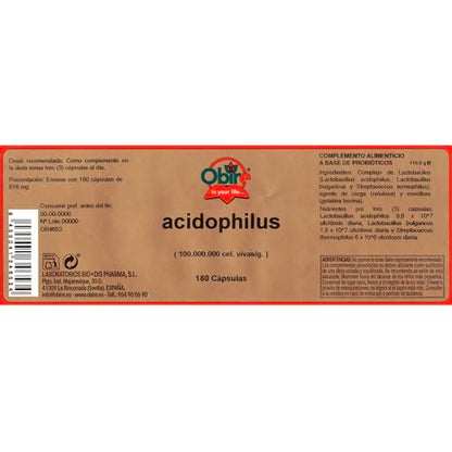 Obire | Acidofilus 400 mg | Lactobacillus Acidophillus 100.000.000 cel vivas/g. | Favorece la Flora Intestinal | Complemento Alimenticio a Base de Probióticos | 90 Cápsulas