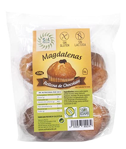 SOLNATURAL Magdalenas S/Gluten Chocolate 5/U 220 g, Estándar, Único