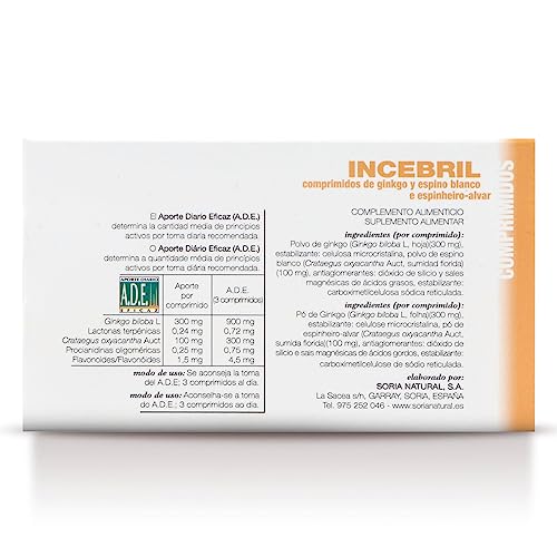 Soria Natural Incebril - Fórmula de Ginkgo y Espino Blanco - Potencia tu Salud Cardiovascular y Cerebral, Memoria, Circulación - Envase 60 cápsulas