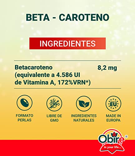 Obire | Beta-Caroteno 8,2 mg | Suplemento Alimenticio Para Piel Seca | Protección Solar de la Piel | Favorece la Absorción de Hierro, Mantenimiento de la Piel y la Visión | 90 Perlas