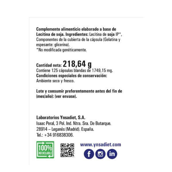 Lecitina de Soja IP 1.200 mg – 125 cápsulas blandas | No transgénica | Con fosfolípidos, colina e inositol | Ynsadiet | Apoya colesterol y memoria