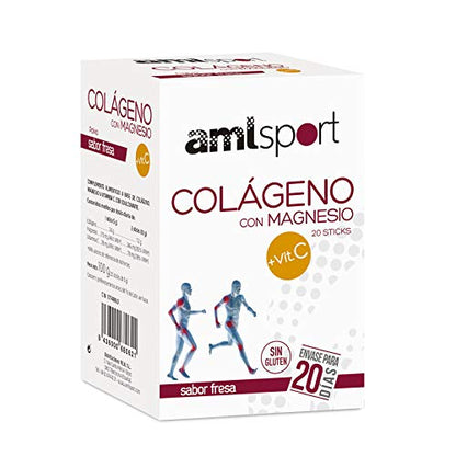 AMLsport - Colágeno con magnesio + VIT C – 20 sticks (sabor fresa). Articulaciones fuertes. Regenerador de tejidos con colágeno hidrolizado tipo 1 y 2. Envase para 20 días de tratamiento.