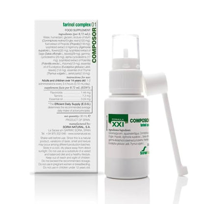 Soria Natural Composor 01 Farinol Complex – Con Mirra, propóleo, agrimonia, salvia, potentilla, eucalipto y tomillo - Sensación de suavidad y frescor a boca y garganta - Salud boca y garganta - 30ml