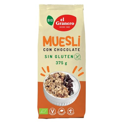 El Granero Integral - Muesli Chocolate Sin Gluten Bio - 375 g - Copos avena - Fuente de Fibra y Nutrientes Esenciales - Mejora la Salud Intestinal - Ideal para el Desayuno - Apto para Veganos