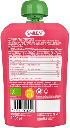 Smileat - Pouch Ecológico de Cereza, Açai y Amaranto, Ingredientes Naturales Bebibles, Para Bebés a Partir de los 8 Meses - 100g