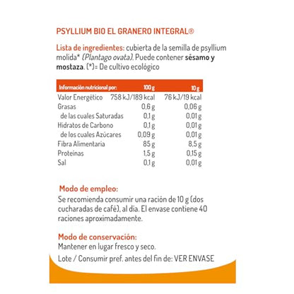El Granero Integral - Psyllium BIO - 400 g - Superalimento Vegano - Alto Contenido en Fibra - Contribuye al Normal Funcionamiento Intestinal y Digestivo - Ayuda a Controlar el Peso
