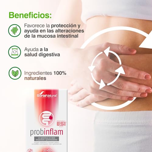 Soria Natural Probinflam - Con Probióticos, Vitaminas C, E, B3, B6, B2, B1 y Ácido Fólico – Ayuda a Proteger la Mucosa Intestinal - Apoya la Salud del Intestino - Caja con 20 Cápsulas de 450mg