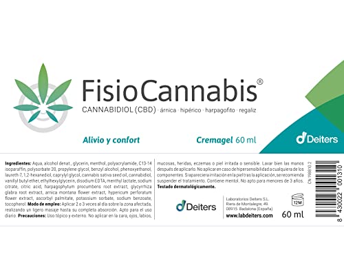 DEITERS - FisioCannabis 60 ml, Cremagel, Gel Recuperador Muscular, Pomada Antiinflamatoria, para Lesiones, Crema con Harpagofito, a base de CBD