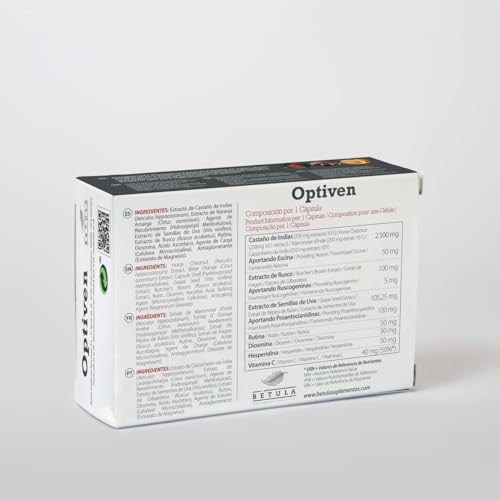 Betula - Optiven, Complemento Alimenticio a Base de Castaño de Indias, Rusco, Semillas de Uva, Rutina, Diosmina, Hesperidina y Vitamina C - 30 Cápsulas