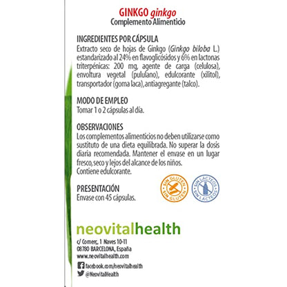 NEO | Extracto de Ginkgo Biloba | 45 Cápsulas | Ayuda a Mejorar la Circulación | Favorece la Memoria y la Concentración | 200 mg | Complemento Alimenticio Natural