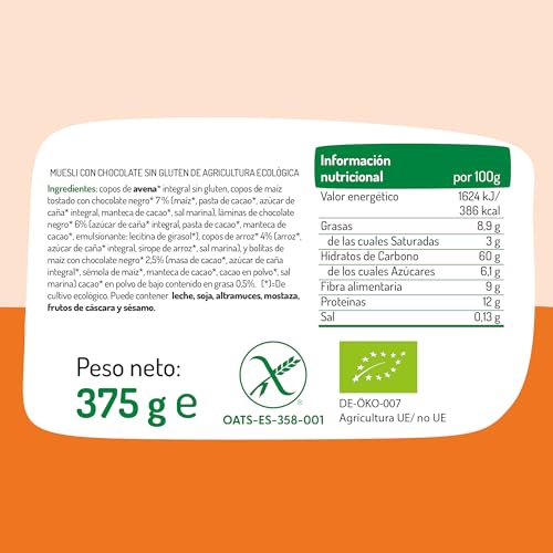 El Granero Integral - Muesli Chocolate Sin Gluten Bio - 375 g - Copos avena - Fuente de Fibra y Nutrientes Esenciales - Mejora la Salud Intestinal - Ideal para el Desayuno - Apto para Veganos