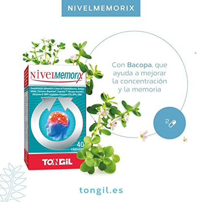 Nivelmemorix | Nootropico Para la Memoria y Concentración | Con Ginkgo Biloba, Fosfatidilserina, Bacopa Monnieri, Cúrcuma, Salvia, Coenzima Q10 y Vitaminas Grupo B | 40 Cápsulas Vegetales de Tongil