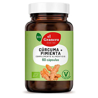 El Granero Integral - Cúrcuma y Pimienta Ecológica - 60 Cápsulas - Apto para Veganos - Propiedades Antioxidantes y Digestivas - Ideal para Cocinar con un Toque Oriental