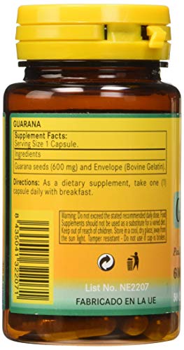Nature Essential - Guaraná 600 mg de Paullinia Cupana - 50 Cápsulas - Favorece el Tránsito Intestinal - Ayuda a Generar Energía y a Combatir la Fatiga