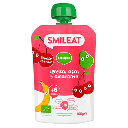 Smileat - Pouch Ecológico de Cereza, Açai y Amaranto, Ingredientes Naturales Bebibles, Para Bebés a Partir de los 8 Meses - 100g