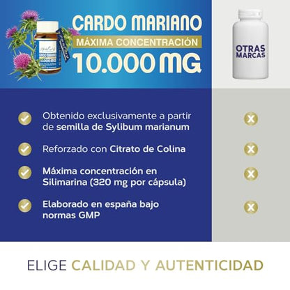 Cardo Mariano Estado Puro 10000 mg | Extracto de Semillas Concentrado 25:1 con 80% Silimarina y Colina | Apoyo para el Hígado, Limpieza y Detox | 40 Cápsulas de Tongil