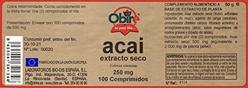 Obire | Acai 1000 mg | Complemento Alimenticio a Base de Extracto de Planta | Rico en Nutrientes y Antioxidante Natural con Extracto Seco 250 mg | 100 Comprimidos