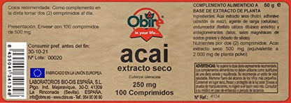 Obire | Acai 1000 mg | Complemento Alimenticio a Base de Extracto de Planta | Rico en Nutrientes y Antioxidante Natural con Extracto Seco 250 mg | 100 Comprimidos